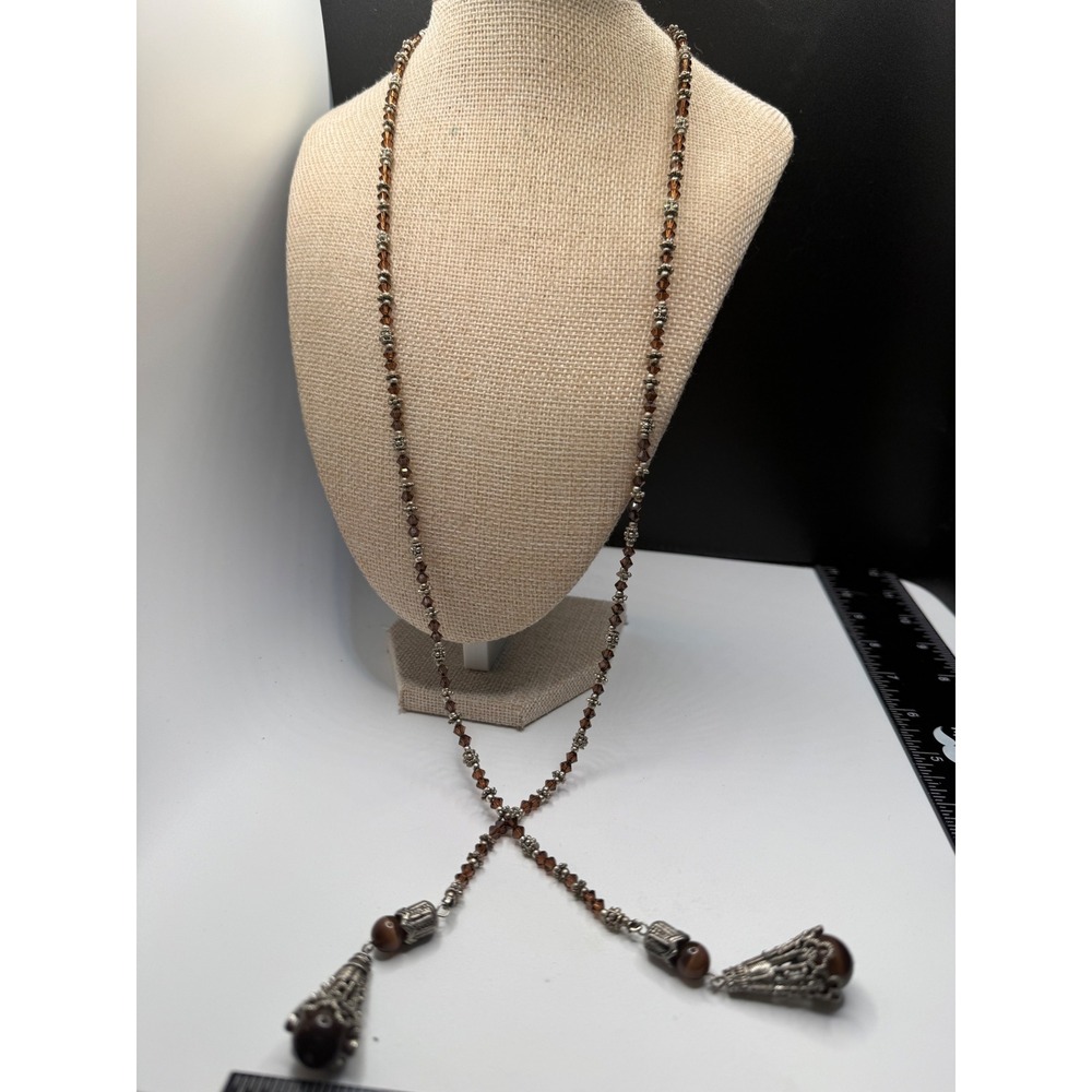 Vintage Boho Silver Tone Amber Crystal Beaded Lariat Necklace Tigers Eye Tassels